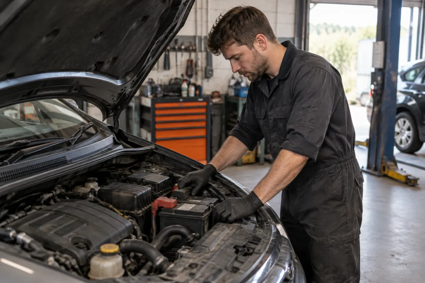 Mechanic checking a car battery under the bonnet