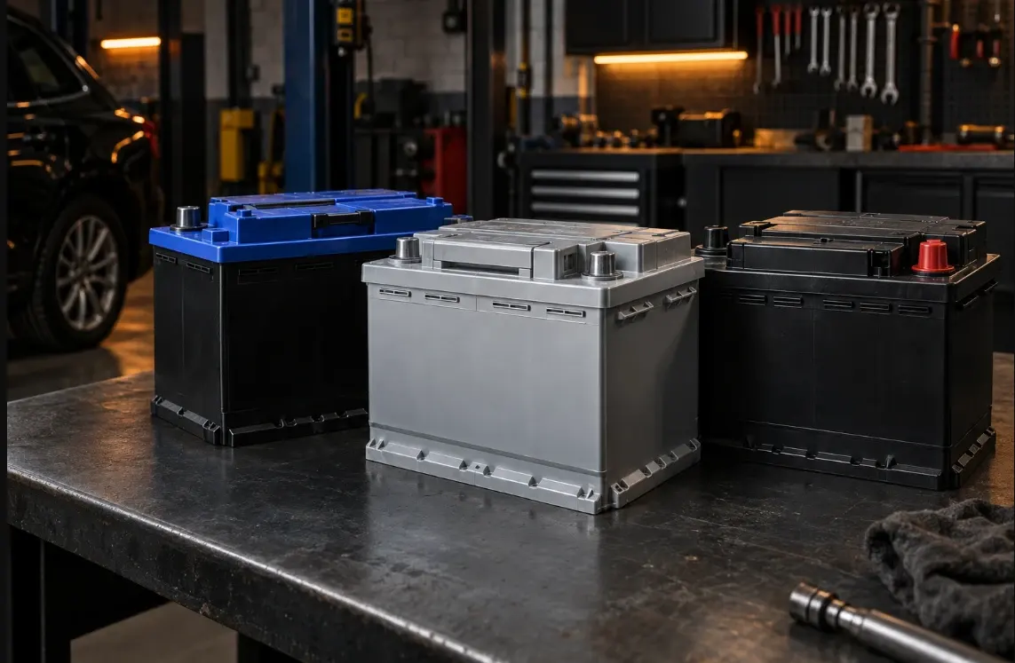 Three different car batteries side by side on a workshop bench